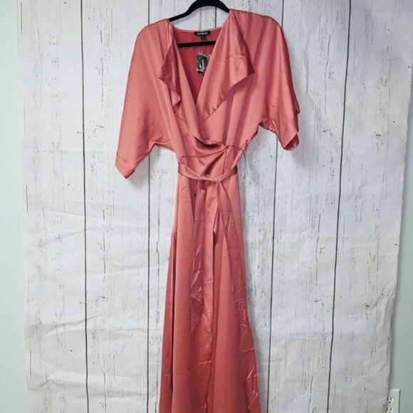 Express Satin Wrap Midi Dress in Rose Pink - Picture 6 of 11